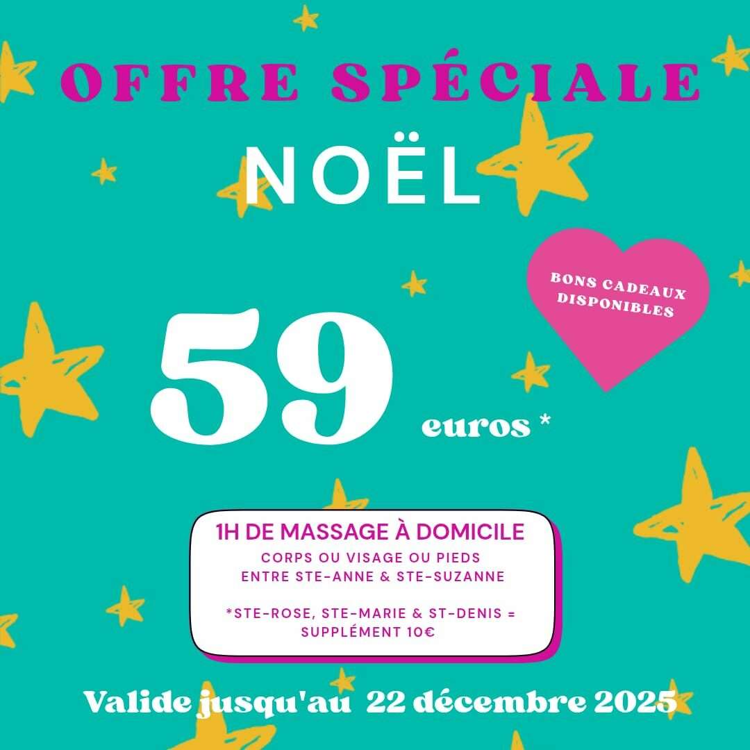 Offre spéciale Noël à 59€ pour 1 heure de massage à domicile, secteur nord +10€ Massage corps ou visage ou pieds